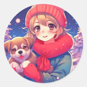 Pegatina Redonda Anime Chica con Navidades de pipa