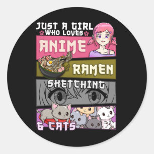 Pegatina Redonda Anime De Gato Ramen Esbozando Un Chica Que Ama