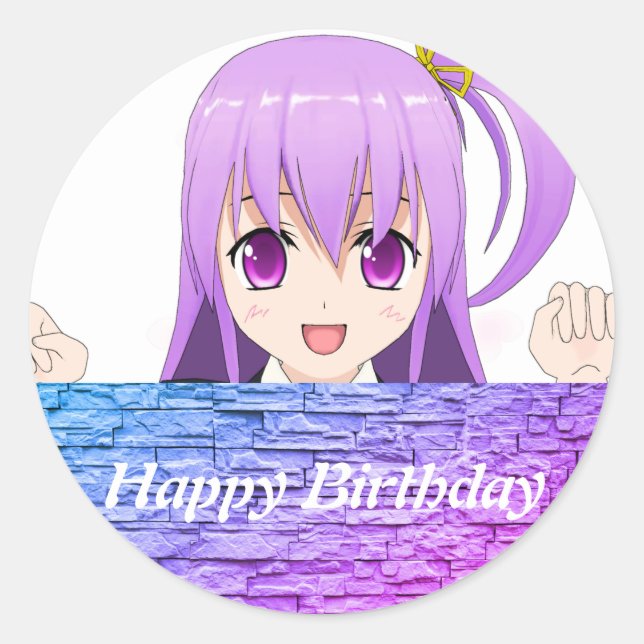 Pegatina Redonda Anime Feliz cumpleaños, adorable japonés (Anverso)