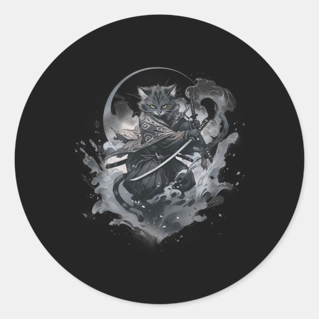 Pegatina Redonda Anime japonés, gato samurai, estética de guerrero  (Anverso)