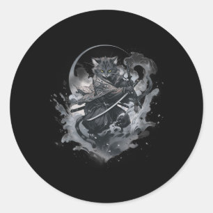 Pegatina Redonda Anime japonés, gato samurai, estética de guerrero