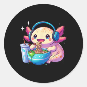 Pegatina Redonda Anime Kawaii Axolotl Comer fideos Ramen Niños Tee
