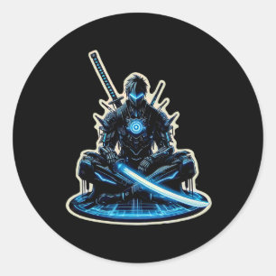 Pegatina Redonda Anime Samurai Gamer Guerrero del CiberPunk Sci-fi