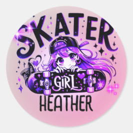 Pegatina Redonda Anime Skater Chica Birday Party Skateboarding