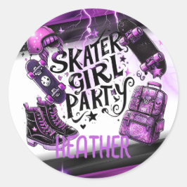 Pegatina Redonda Anime Skater Chica Birday Party Skateboarding