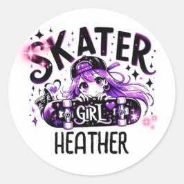 Pegatina Redonda Anime Skater Chica Birday Party Skateboarding