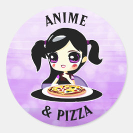 Pegatina Redonda Anime y Pizza Personalizado negro y morado