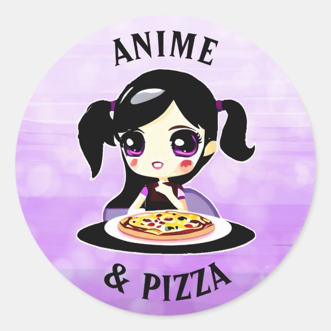 Pegatina Redonda Anime y Pizza Personalizado negro y morado (Anverso)