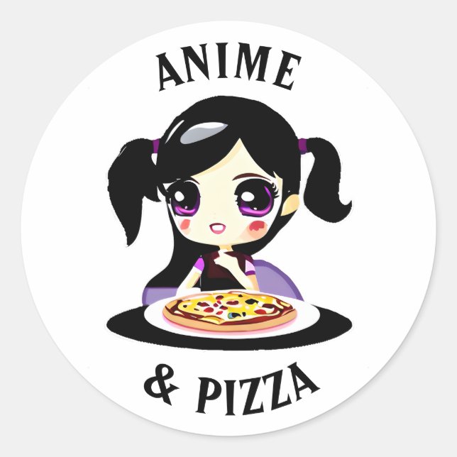 Pegatina Redonda Anime y Pizza Personalizado negro y morado (Anverso)