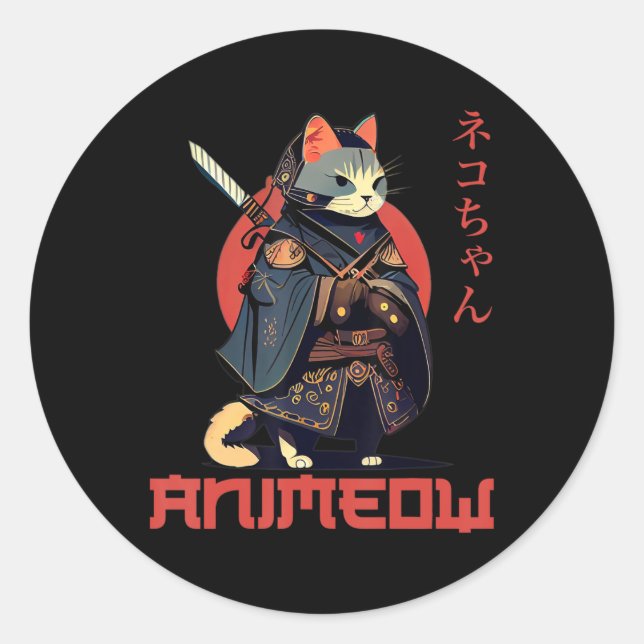 Pegatina Redonda ANIMEOW Divertido Cuto Samurai Kawaii Cat Ninja Co (Anverso)