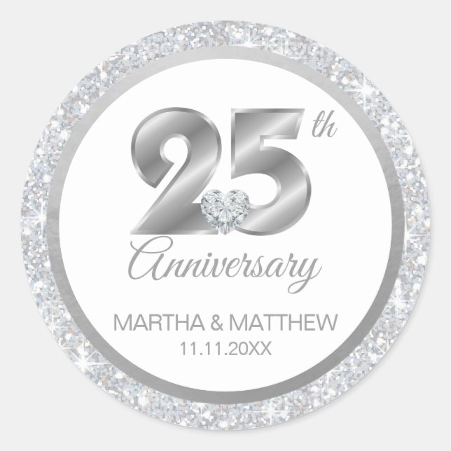 Pegatina Redonda Aniversario Boda de Plata personalizado 25 (Anverso)