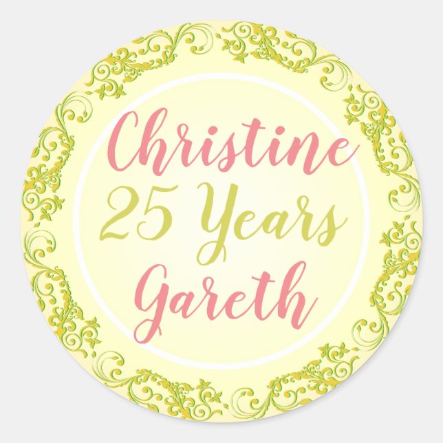 Pegatina Redonda Aniversario con nombres y número de años. (Anverso)