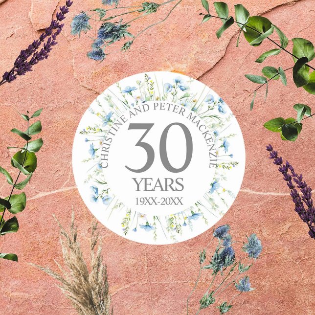Pegatina Redonda Aniversario de boda con flores silvestres azules (Subido por el creador)
