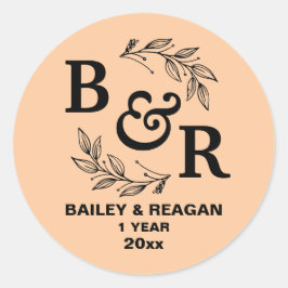 Pegatina Redonda Aniversario de Bodas 1er Motivo Hojas Monograma