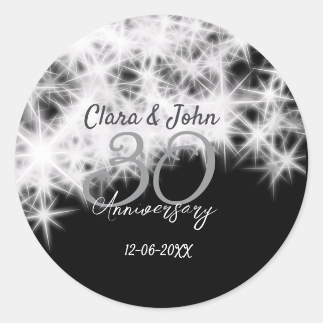 Pegatina Redonda Aniversario de bodas de 30 años gris negro platead (Anverso)