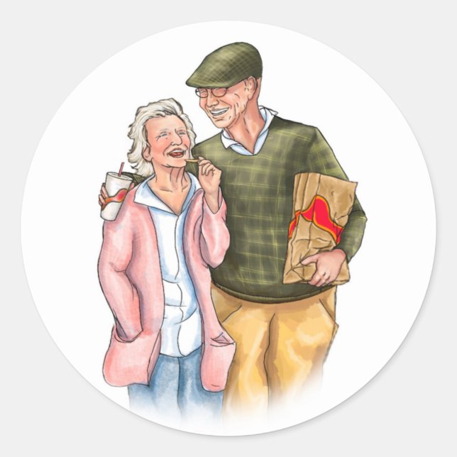 Pegatina Redonda Aniversario de bodas de enamorados, anciana pareja (Anverso)