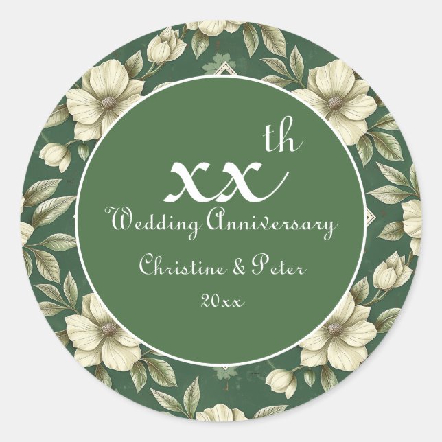 Pegatina Redonda Aniversario de bodas de marfil floral y esmeralda (Anverso)