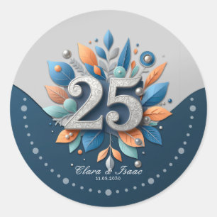 Pegatina Redonda Aniversario de bodas de plata floral 25, todavía l