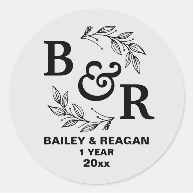 Pegatina Redonda Aniversario de Bodas Motivo Monograma de 1er anive (Anverso)