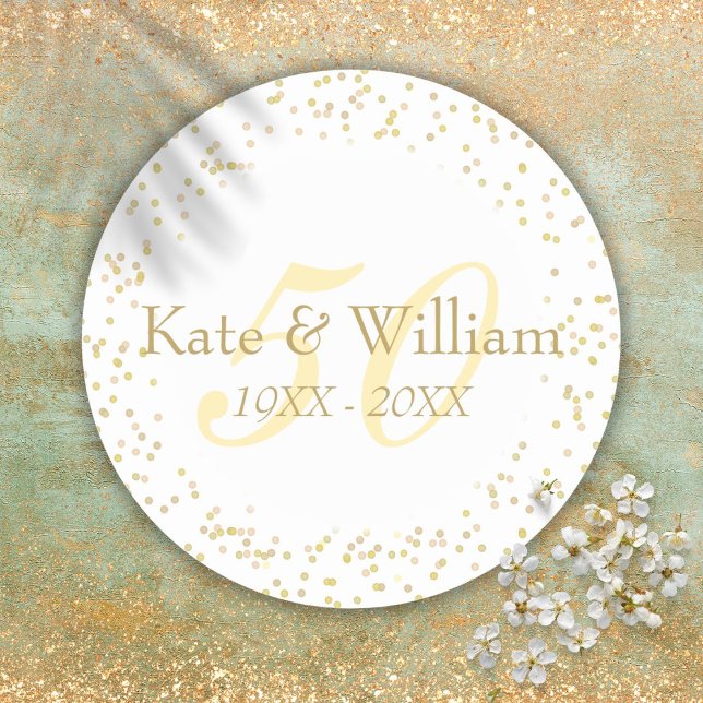 Pegatina Redonda Aniversario de bodas número 50 con confeti de polv (50th Wedding Anniversary Gold Dust Confetti Classic Round Sticker)