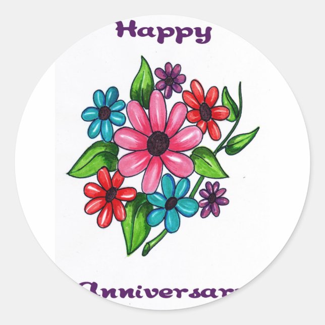Pegatina Redonda Aniversario de Floral Feliz (Anverso)