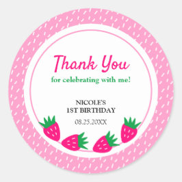 Pegatina Redonda Aniversario de la Chica de Fresa Rosa Cute Gracias