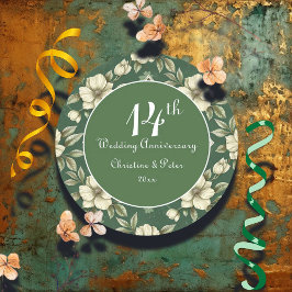 Pegatina Redonda Aniversario de la floral marfil y del Boda esmeral