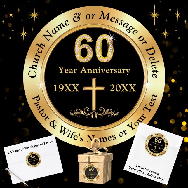Pegatina Redonda Aniversario de la Iglesia 60, por favores, sobres. (Church 60th anniversary party stickers. Black and gold, 60th church anniversary stickers. 60 year.)