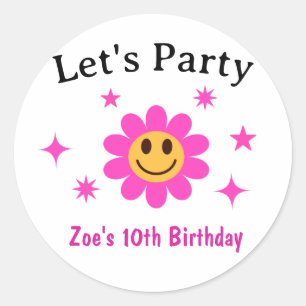 Pegatina Redonda Aniversario de la Niña Rosa Sonriente Retro