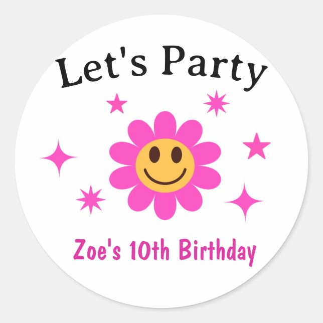 Pegatina Redonda Aniversario de la Niña Rosa Sonriente Retro (Anverso)