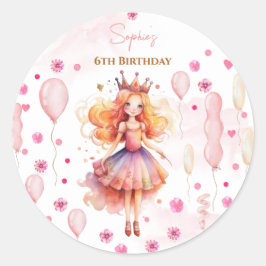 Pegatina Redonda Aniversario de la princesa rosa y los globos