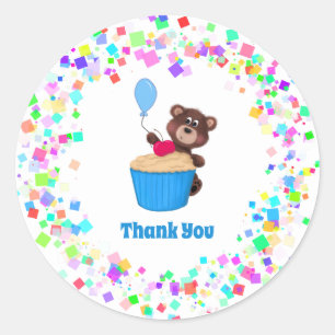 Pegatina Redonda Aniversario de la tarta de oso lindo Gracias