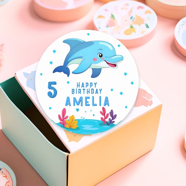 Pegatina Redonda Aniversario de los animales del mar de delfines (Subido por el creador)