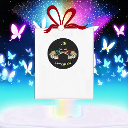 Pegatina Redonda Aniversario de los pavos reales dorados Arte popul