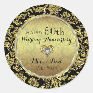 Pegatina Redonda Aniversario del 50° Boda de las damas de oro y neg