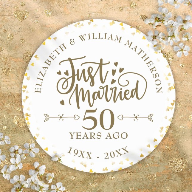 Pegatina Redonda Aniversario del 50° Boda recién casado (Just Married 50th Wedding Anniversary Classic Round Sticker)