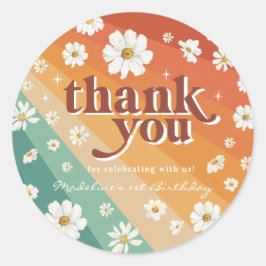Pegatina Redonda Aniversario del Arcoiris Retro Daisy Gracias