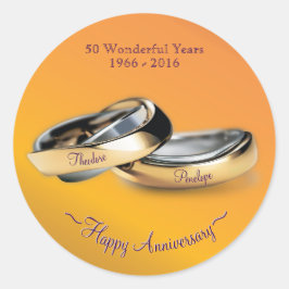 Pegatina Redonda Aniversario del Boda Dorado de los Anillos de Oro