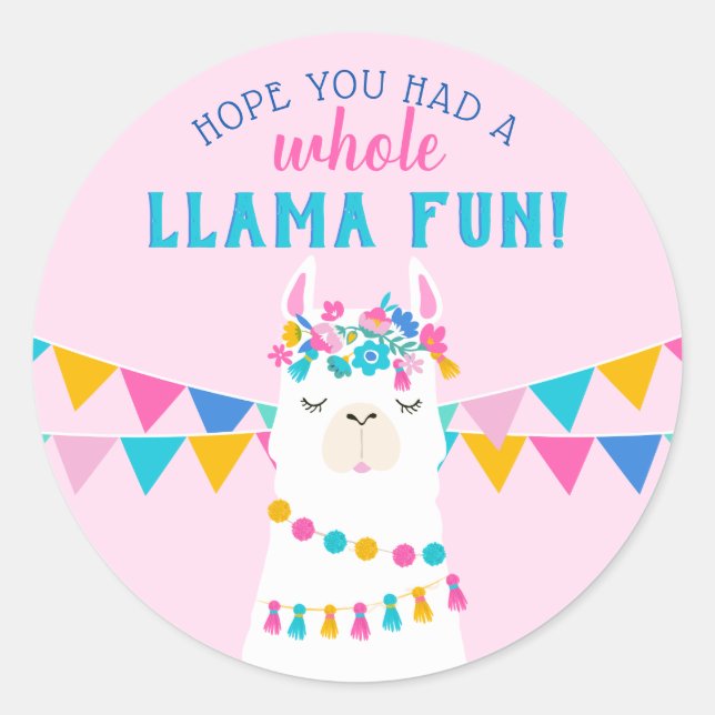 Pegatina Redonda Aniversario divertido de la Llama Rosa Gracias Por (Anverso)