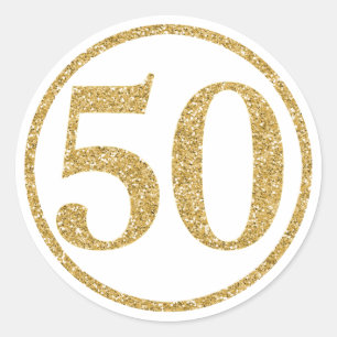 Pegatina Redonda Aniversario Número 50 Dorado Brillante