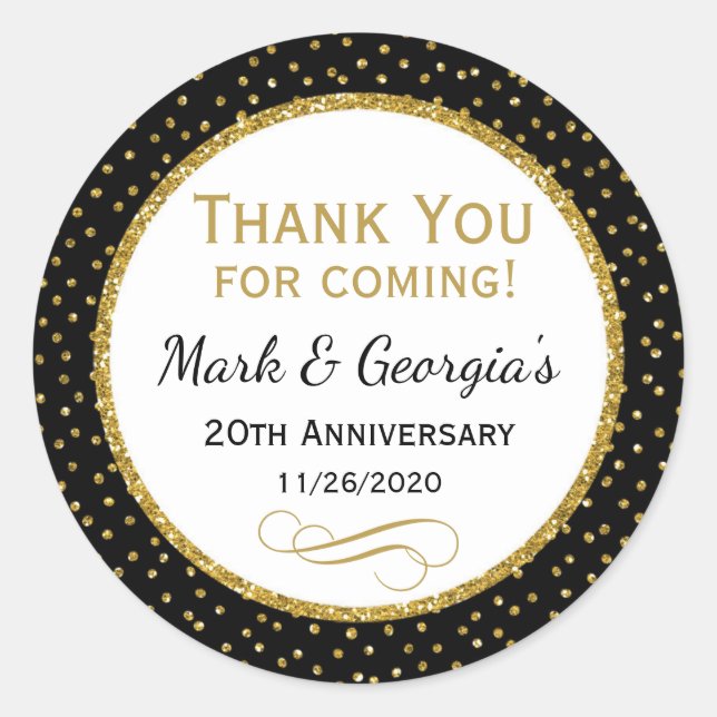 Pegatina Redonda Aniversario Oro Negro Gracias Por Favorecer Etique (Anverso)