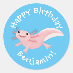 Pegatina Redonda Aniversario personalizado de axolotl lindo rosa fe