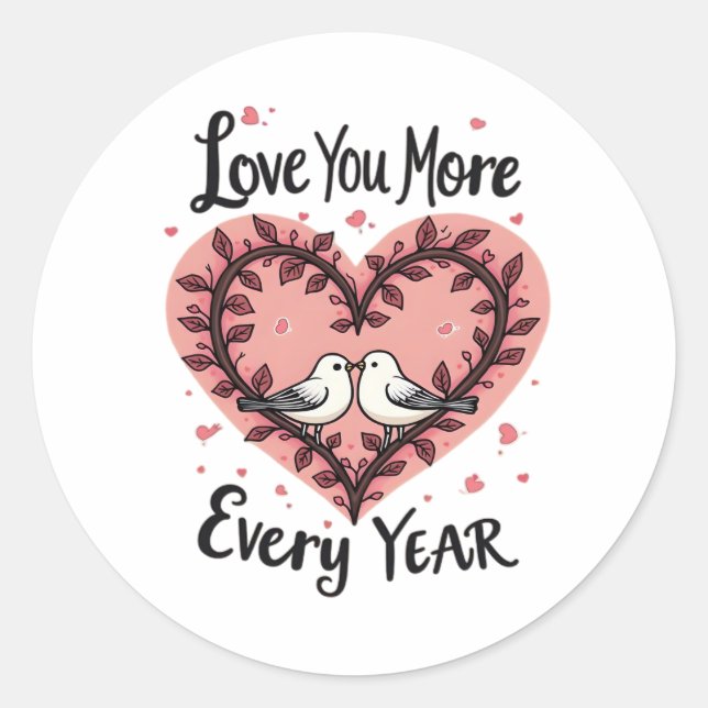 Pegatina Redonda Anniversary Heart Birds Love You More Romantic  (Anverso)