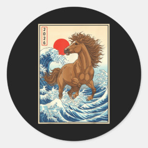 Pegatina Redonda Año 2026 del Caballo Arte de Ola Japonesa Año Nuev