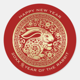 Pegatina Redonda Año chino del Personalizado rojo del oro del conej