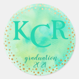 Pegatina Redonda Año de Graduación Monograma Doodles de oro acuarel