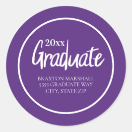 Pegatina Redonda Año de graduación nombre dirección blanco morado