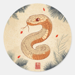 Pegatina Redonda Año de la serpiente majestuosa Cobra doble felicid