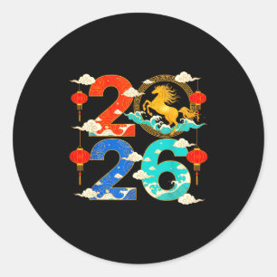 Pegatina Redonda Año del Caballo 2026 Feliz Año Nuevo Chino 2026