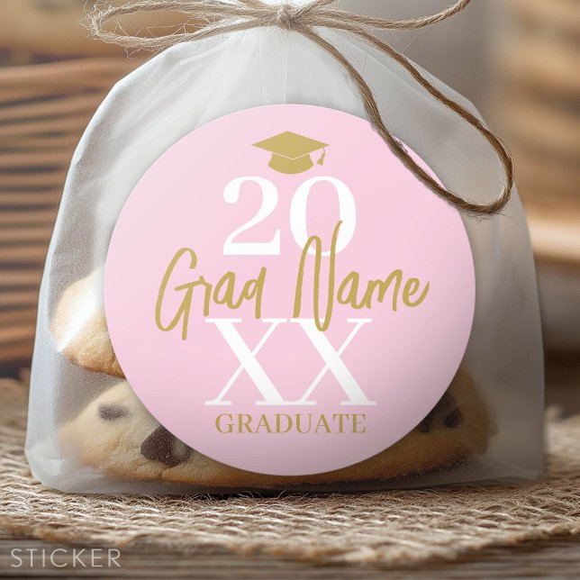 Pegatina Redonda Año grande - Nombre y tapón - Oro rosa (Custom Graduation Sticker - Favor Stickers or Envelope Label)